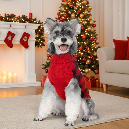Dog sweater in red knit with snowman applique and red ribbed turtleneck on a pet