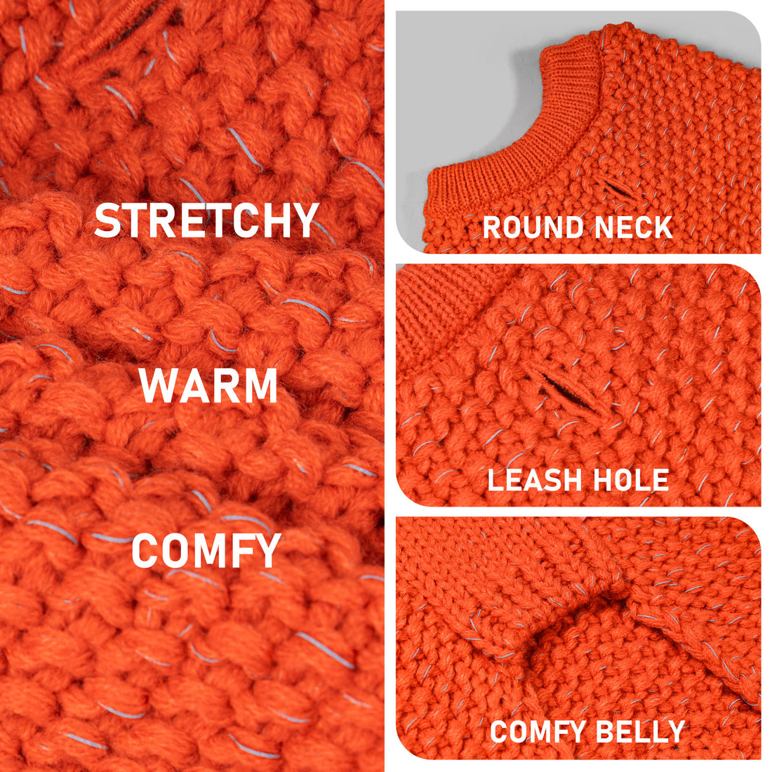 Orange knit dog sweater close-up: stretchy texture with round neck and belly coverage