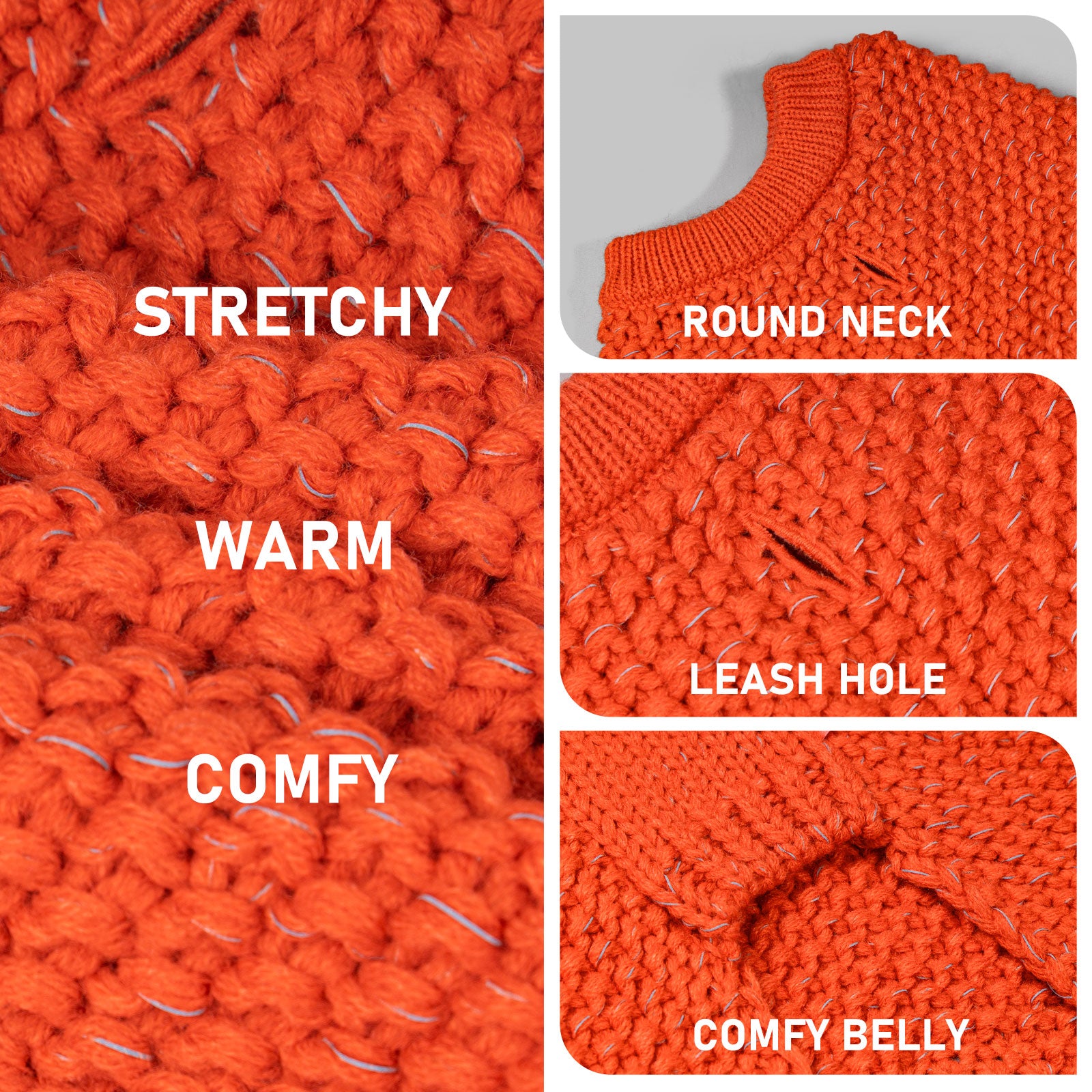 Orange knit dog sweater close-up: stretchy texture with round neck and belly coverage