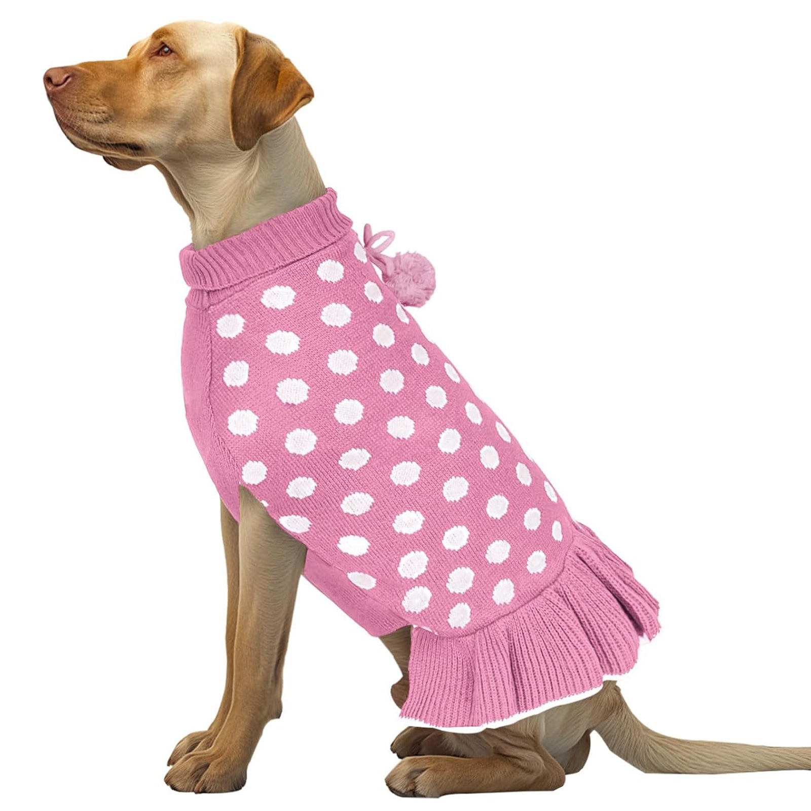 Pink dog sweater dress with white polka dots, pom pom detail, and ribbed cuffs.