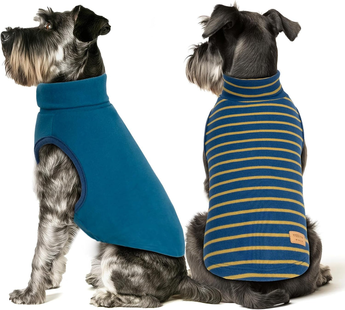 Teal sleeveless dog sweater and navy-yellow striped sleeveless turtleneck sweater