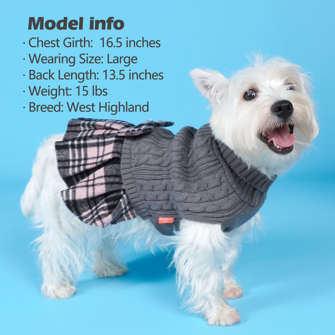 Dark gray cable knit dog sweater with turtleneck, plaid ruffle hem, bow accent