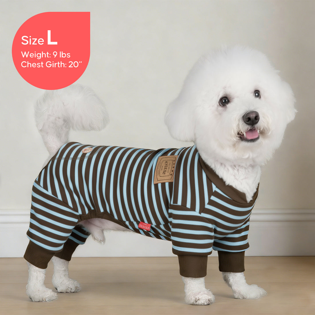 Striped dog onesie pajamas on a white dog, blue and brown stripe pattern
