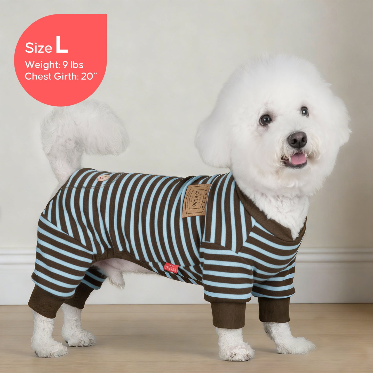 Striped dog onesie pajamas on a white dog, blue and brown stripe pattern