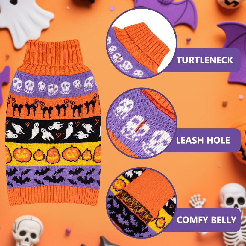 Orange knit dog sweater with turtleneck and patterned fabric; leash hole detail