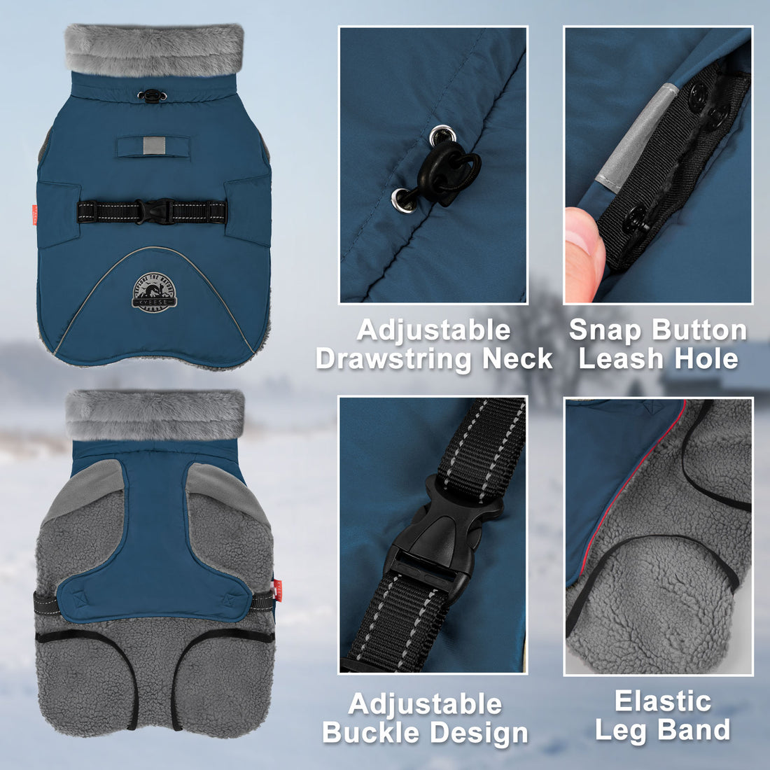 Blue fleece-lined dog coat detail: adjustable drawstring neck, leash hole, elastic leg band