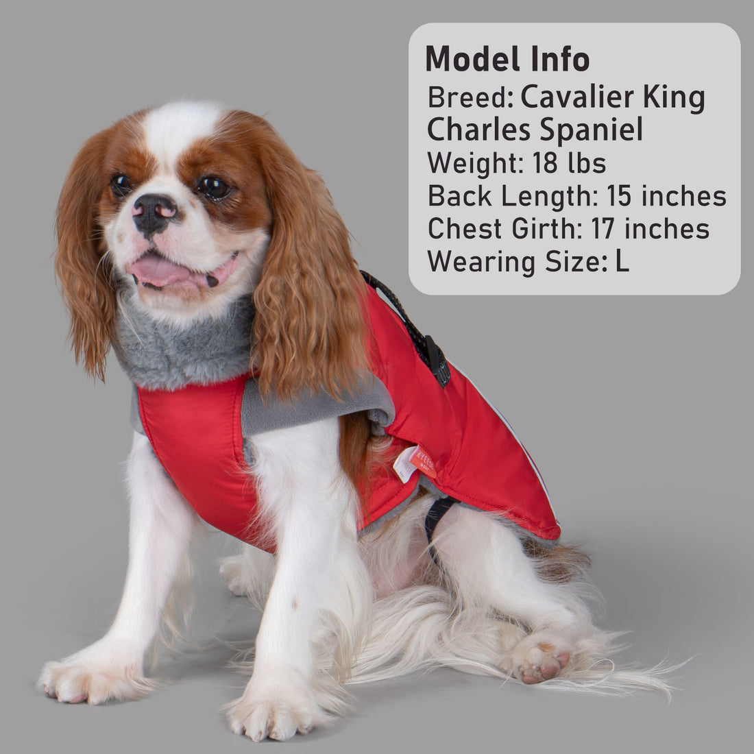 Red fleece-lined dog winter coat with grey collar and adjustable black chest strap