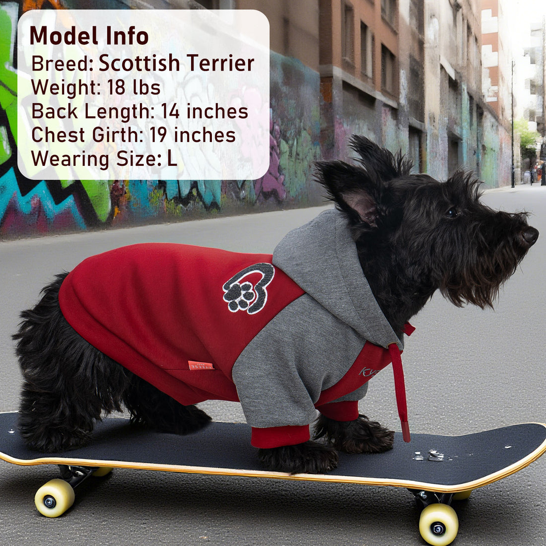 Dog hoodie with hood, gray top and red body, paw patch and adjustable drawstring ties