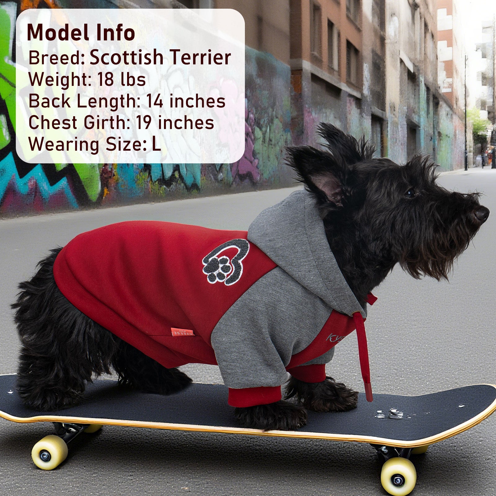 Dog hoodie with hood, gray top and red body, paw patch and adjustable drawstring ties