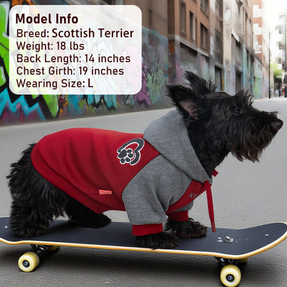 Dog hoodie with hood, gray top and red body, paw patch and adjustable drawstring ties