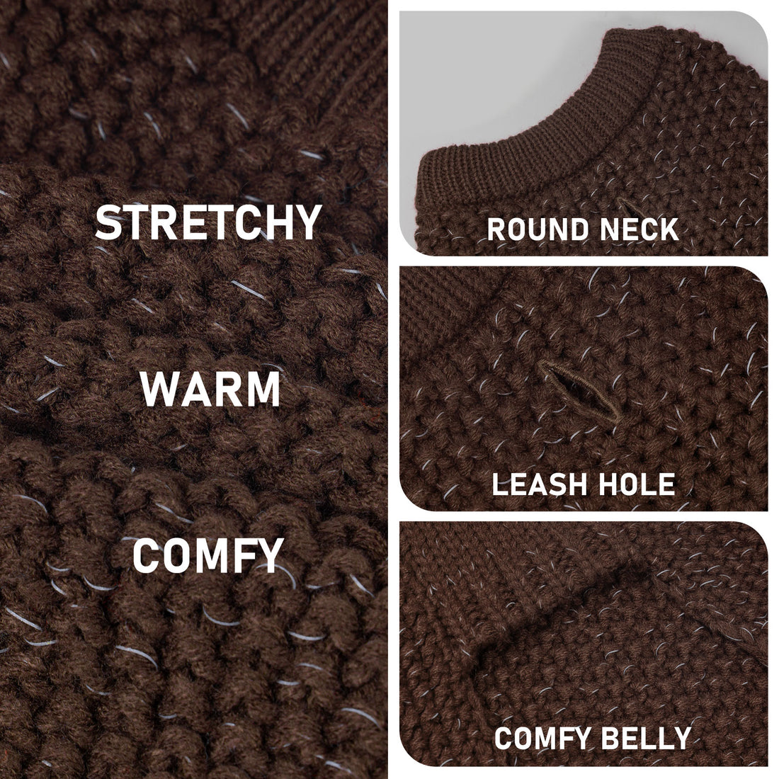 Brown knit dog sweater fabric texture with ribbed round neck and opening near chest