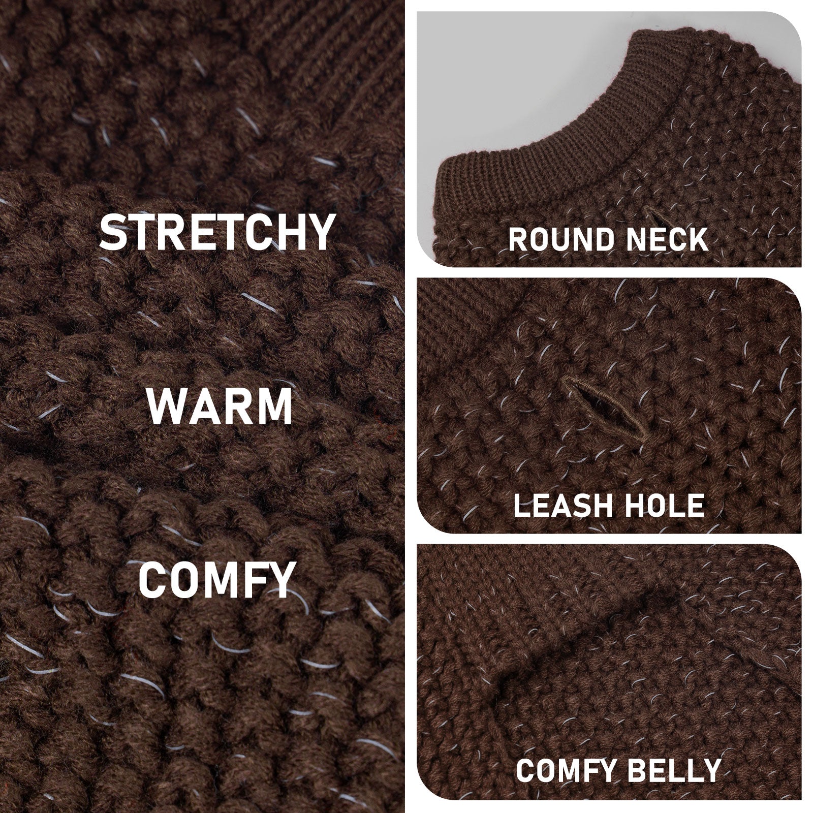 Brown knit dog sweater fabric texture with ribbed round neck and opening near chest