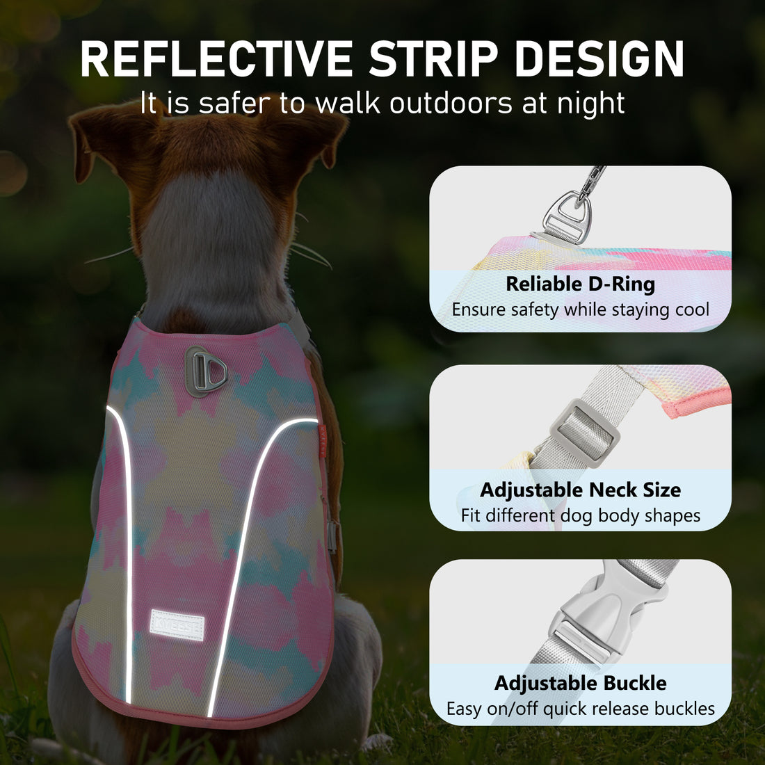Pink cooling dog vest with reflective strip and adjustable neck, D-ring and buckles