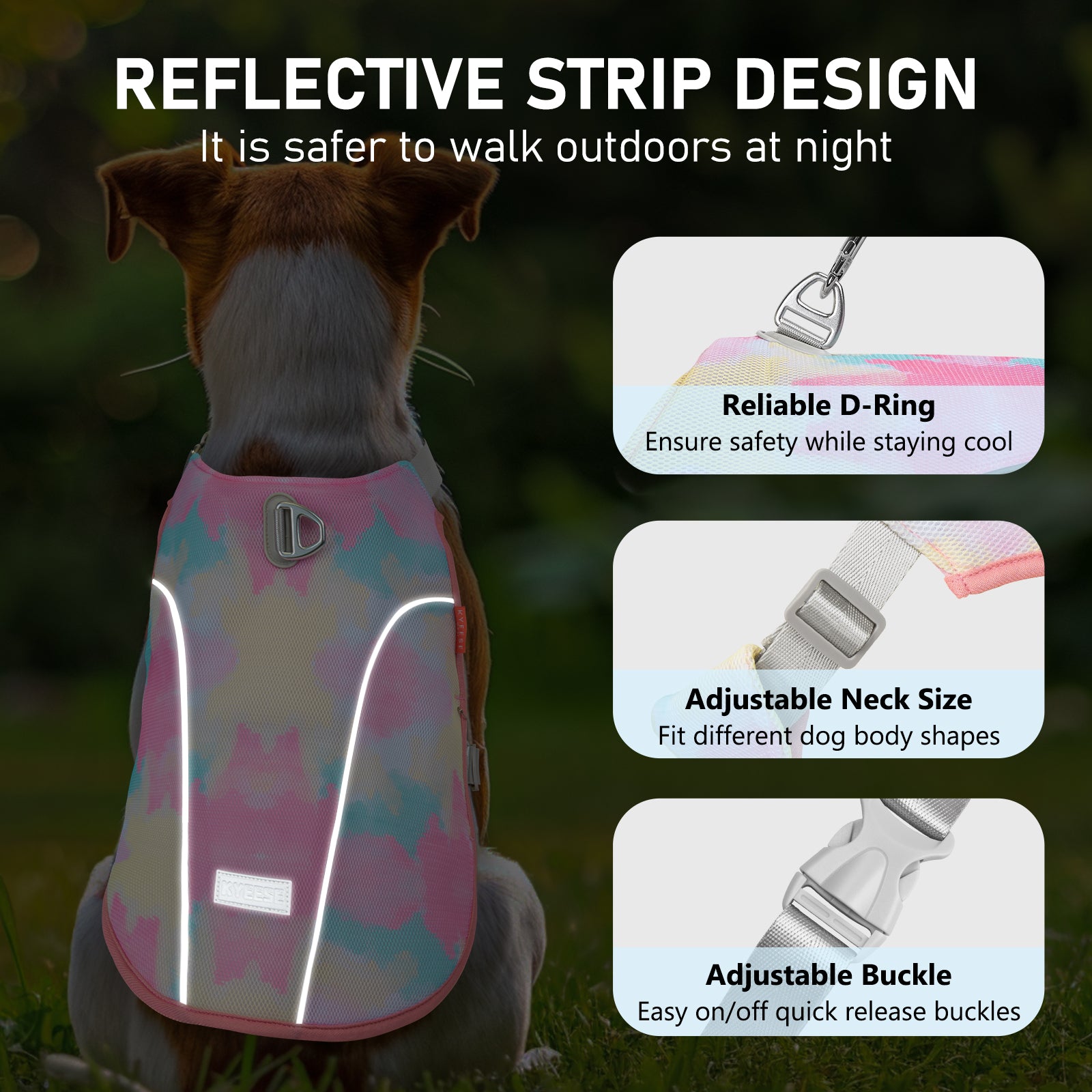 Pink cooling dog vest with reflective strip and adjustable neck, D-ring and buckles