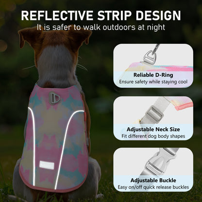 Pink cooling dog vest with reflective strip and adjustable neck, D-ring and buckles
