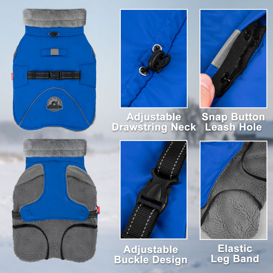 Blue dog coat with adjustable drawstring neck, snap leash hole, and buckle design