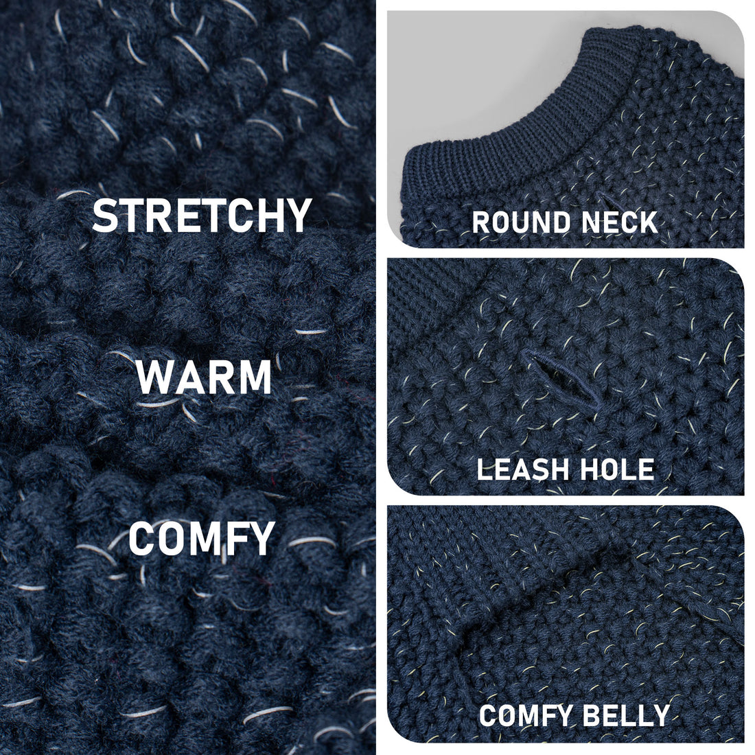 Dark blue knit dog sweater fabric with textured stitch and ribbed round neck