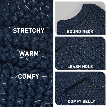 Dark blue knit dog sweater fabric with textured stitch and ribbed round neck