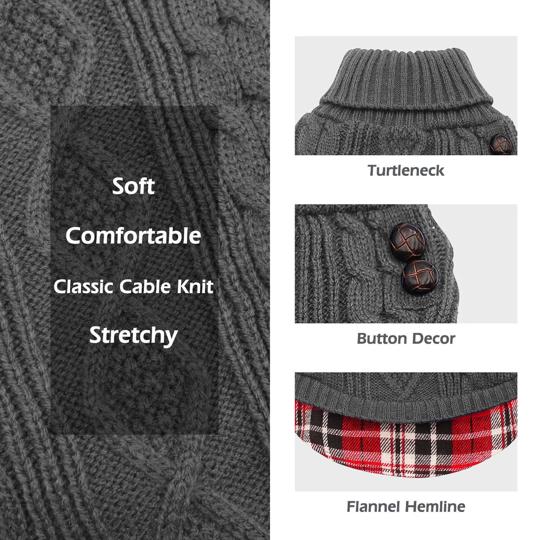 Grey dog sweater detail: turtleneck, cable knit texture, button decor, plaid hem