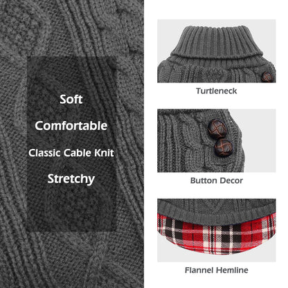 Grey dog sweater detail: turtleneck, cable knit texture, button decor, plaid hem
