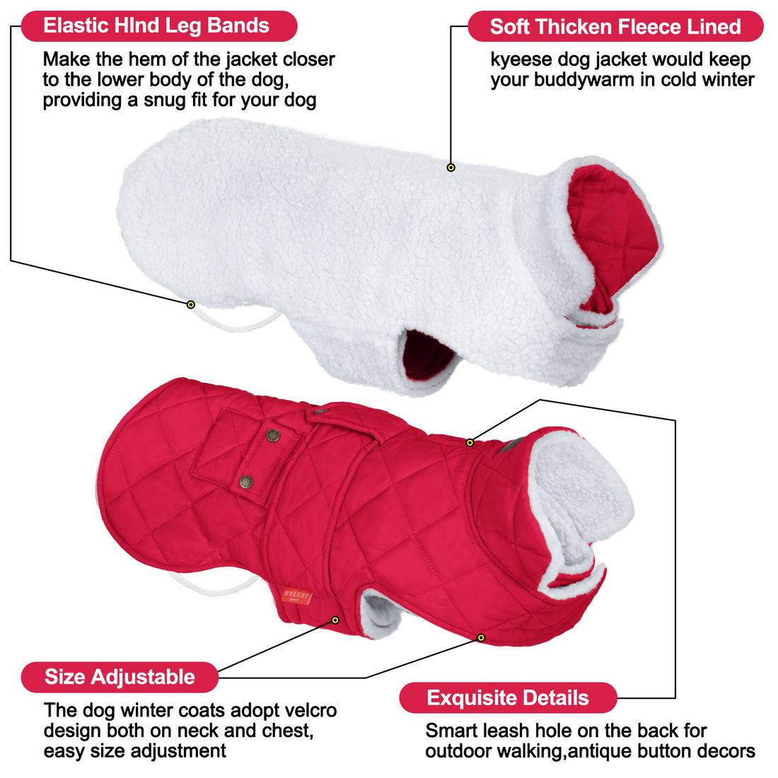 Red quilted dog coat with elastic hind leg bands and fleece-lined hood