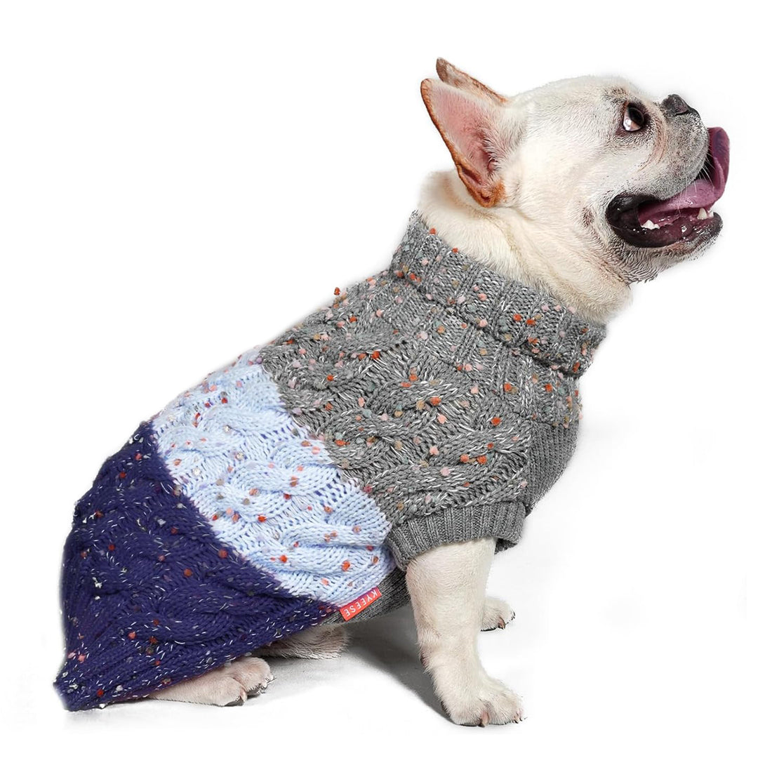 Color-block winter dog sweater with gray knit, white cable panel, and navy lower section