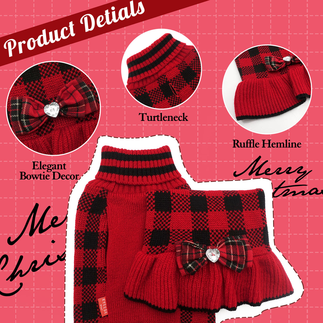 Red and black plaid knit dog sweater dress with turtleneck and ruffle hemline