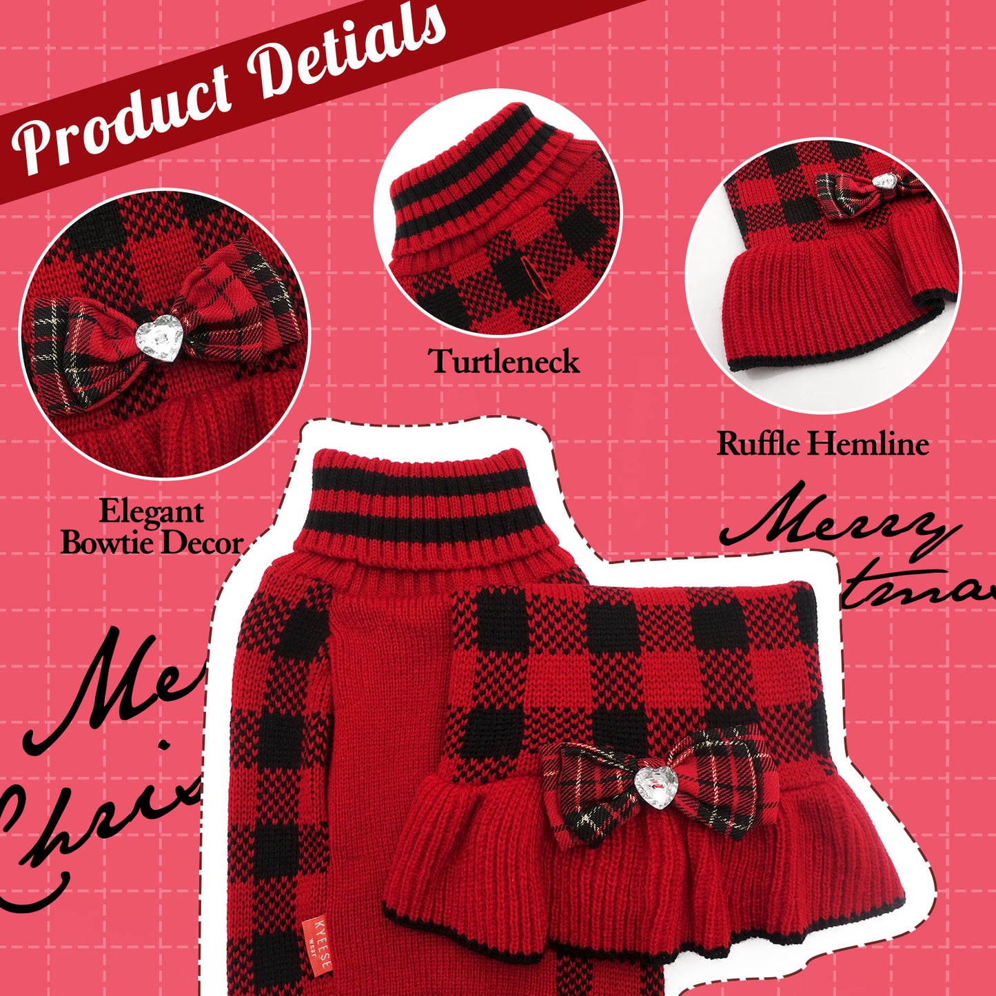Red and black plaid knit dog sweater dress with turtleneck and ruffle hemline