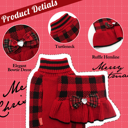 Red and black plaid knit dog sweater dress with turtleneck and ruffle hemline