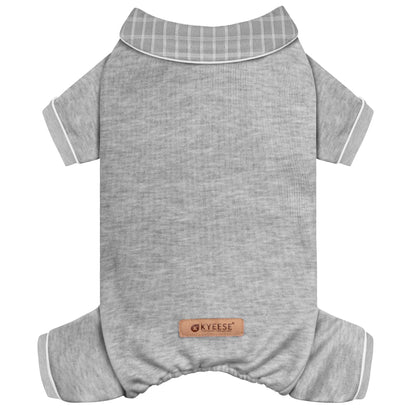 Grey ribbed thermal dog pajamas with checkered turn-down collar and elastic belly opening