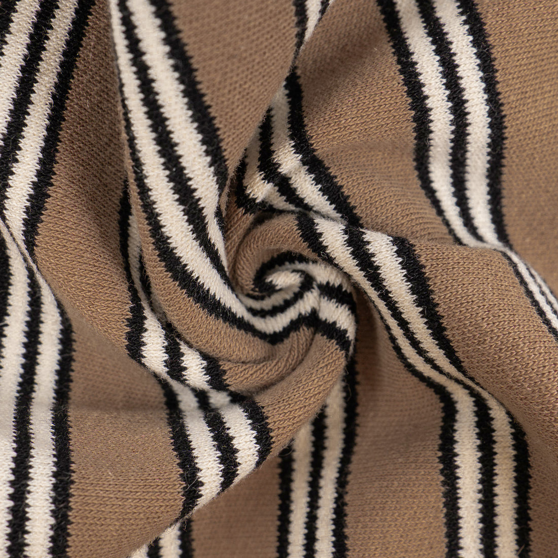 Striped knit fabric for dog onesie pajamas, tan with black and white vertical stripes
