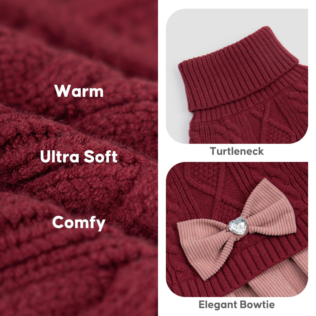 Burgundy knit texture, ribbed turtleneck and pink bow with jeweled center, detail collage