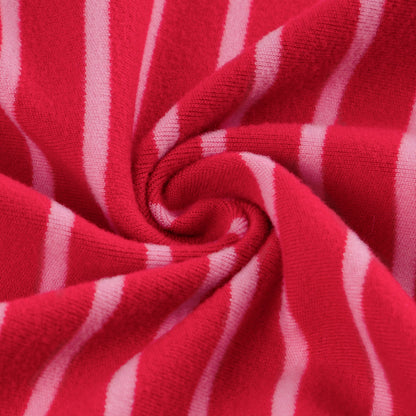Front cutout view of red and white striped dog pajamas with pink collar and cuffs