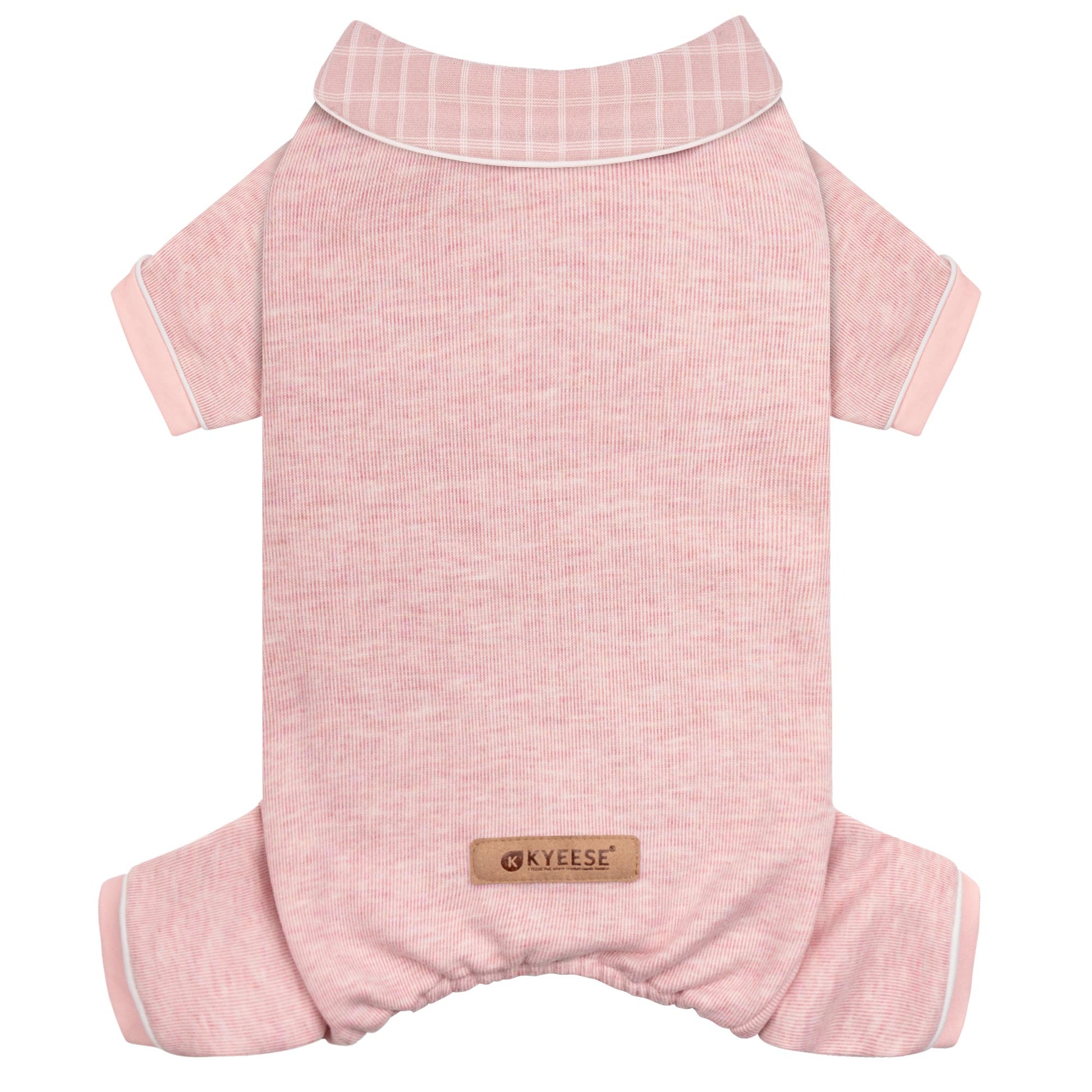Pink ribbed thermal dog pajamas with checkered turn-down collar and elastic belly opening