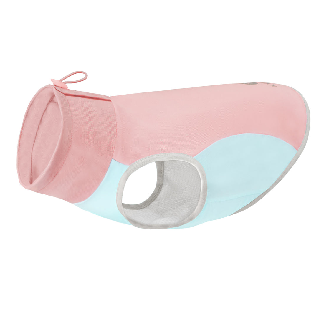 Lightweight cooling dog vest, pink outer with light blue panels and gray leg opening