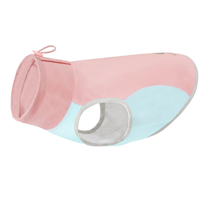 Lightweight cooling dog vest, pink outer with light blue panels and gray leg opening