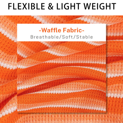 Orange waffle fabric dog shirt with white horizontal stripes, breathable knit texture