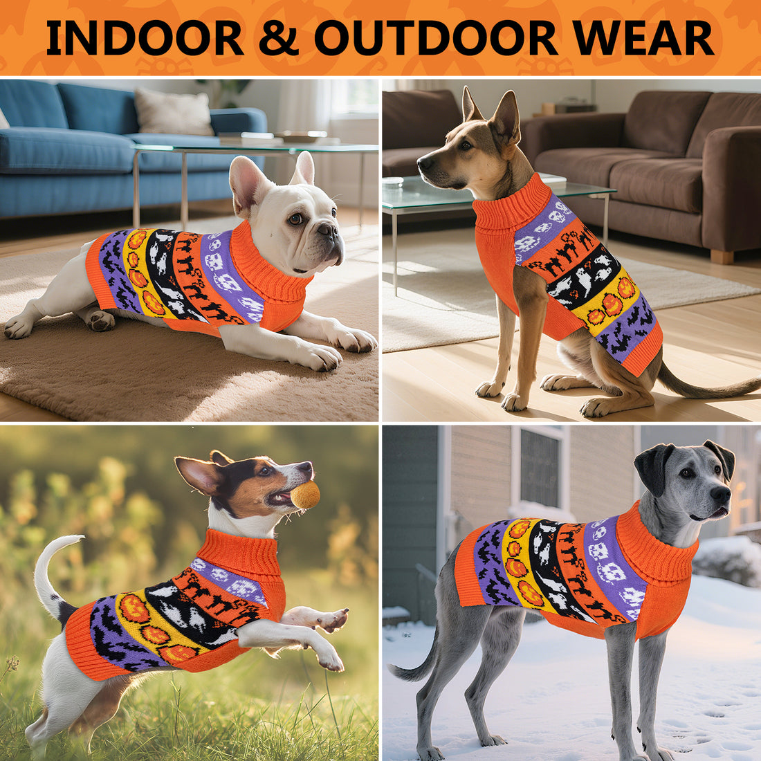 Dog wearing orange Halloween graphic sweater with striped knit sleeves and turtleneck