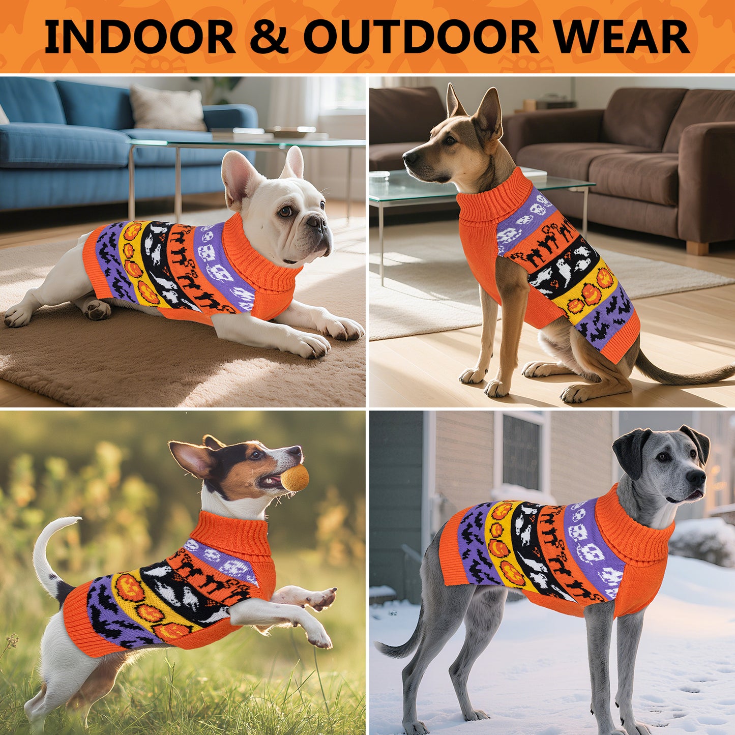 Dog wearing orange Halloween graphic sweater with striped knit sleeves and turtleneck