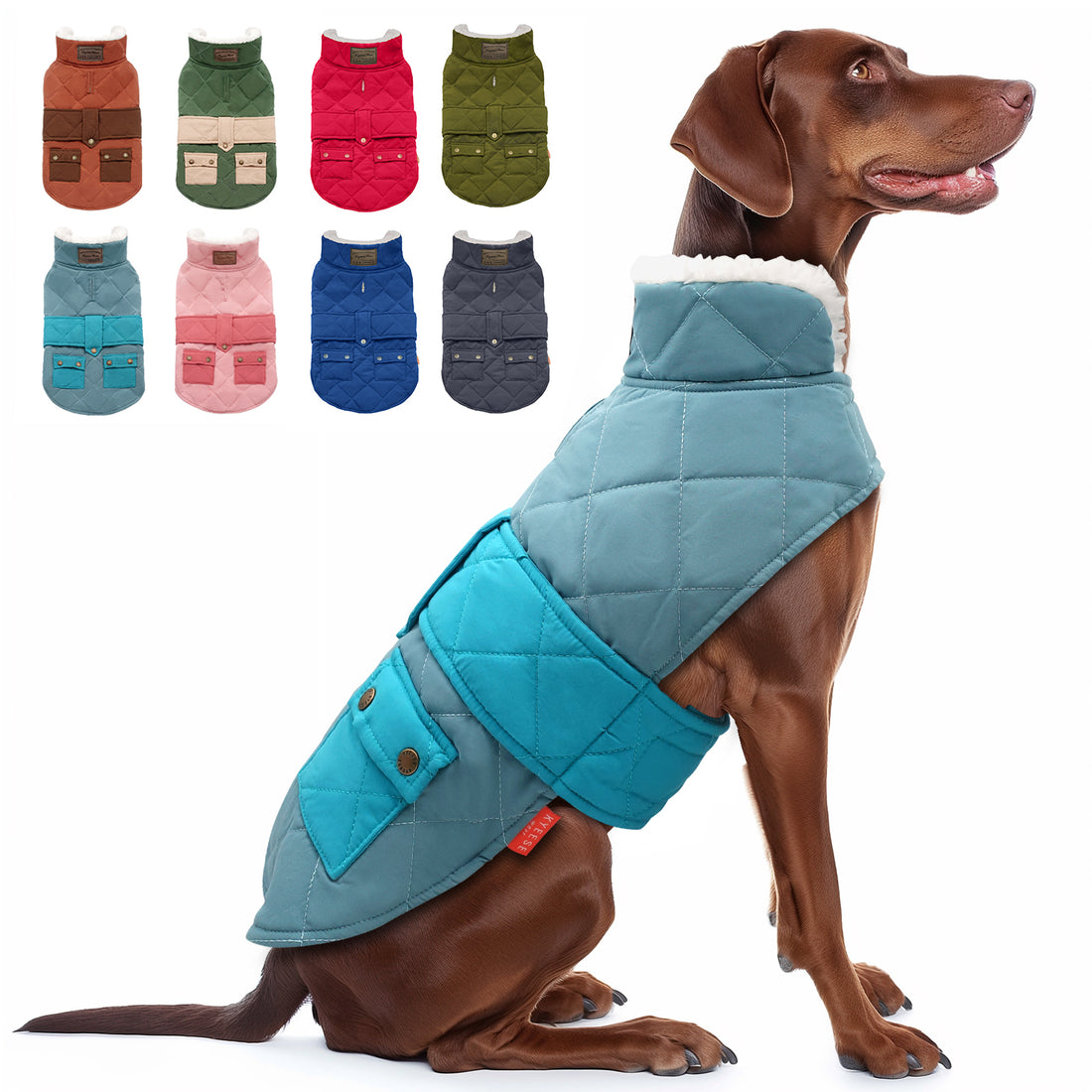 Quilted dog coat with pocket, turquoise outer with fleece-lined collar and side pocket.