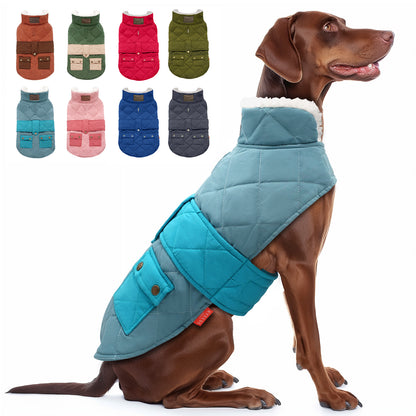 Quilted dog coat with pocket, turquoise outer with fleece-lined collar and side pocket.