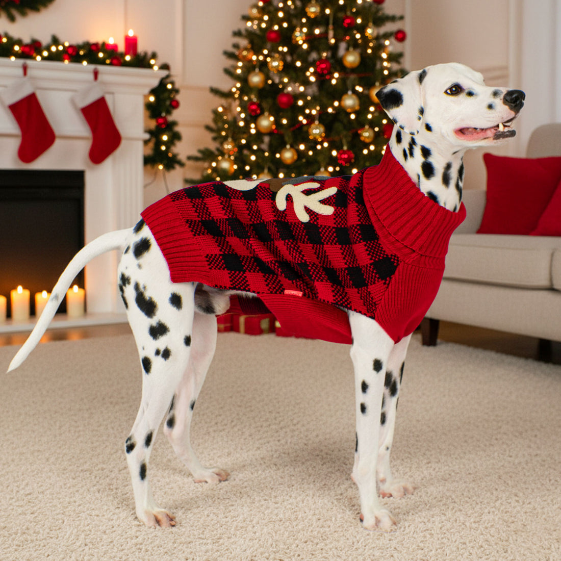 Red and black plaid dog sweater with reindeer applique and high ribbed collar.