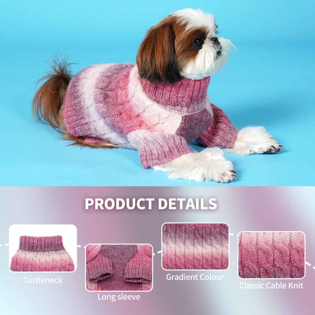 Striped knit dog sweater with turtleneck, pink and purple gradient look