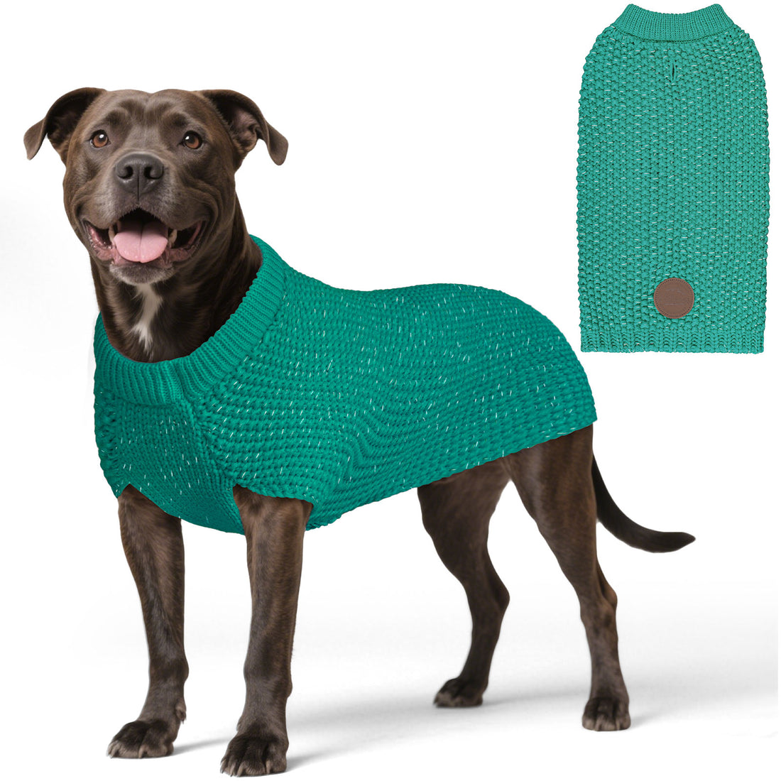 Hunter-style reflective dog sweater in dark teal knit, round neck and small brown patch