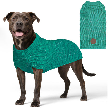 Hunter-style reflective dog sweater in dark teal knit, round neck and small brown patch