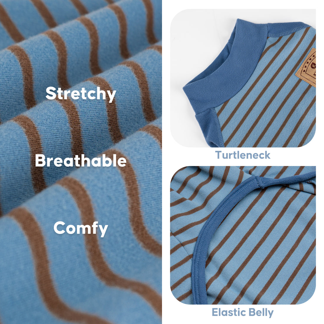 Blue-and-brown striped dog pajama fabric with striped neck and elastic belly fit