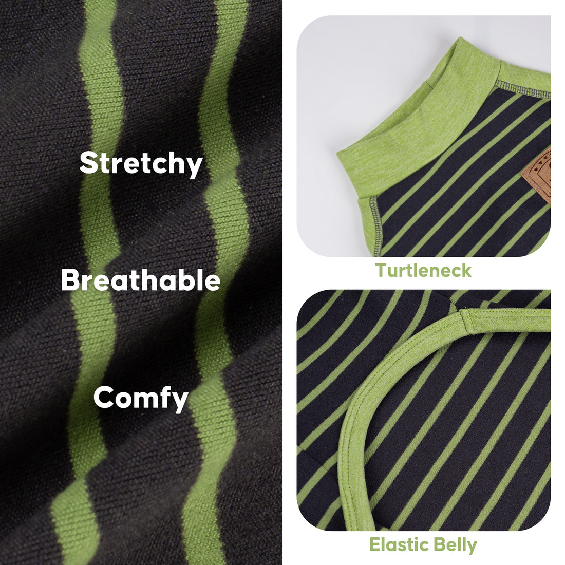 Green striped thermal dog pajamas fabric close-up with turtleneck and elastic belly.
