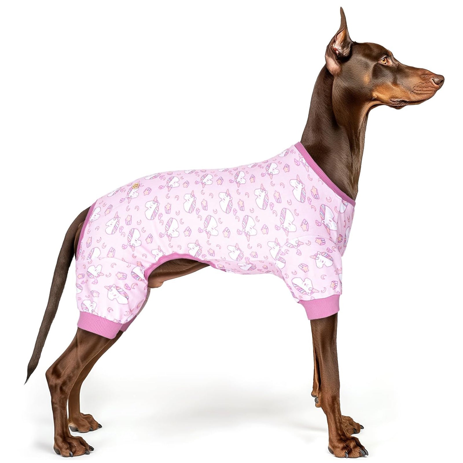 Pink unicorn dog print dog onesie pajama with ribbed pink crew neck and leg openings