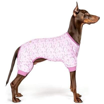 Pink unicorn dog print dog onesie pajama with ribbed pink crew neck and leg openings