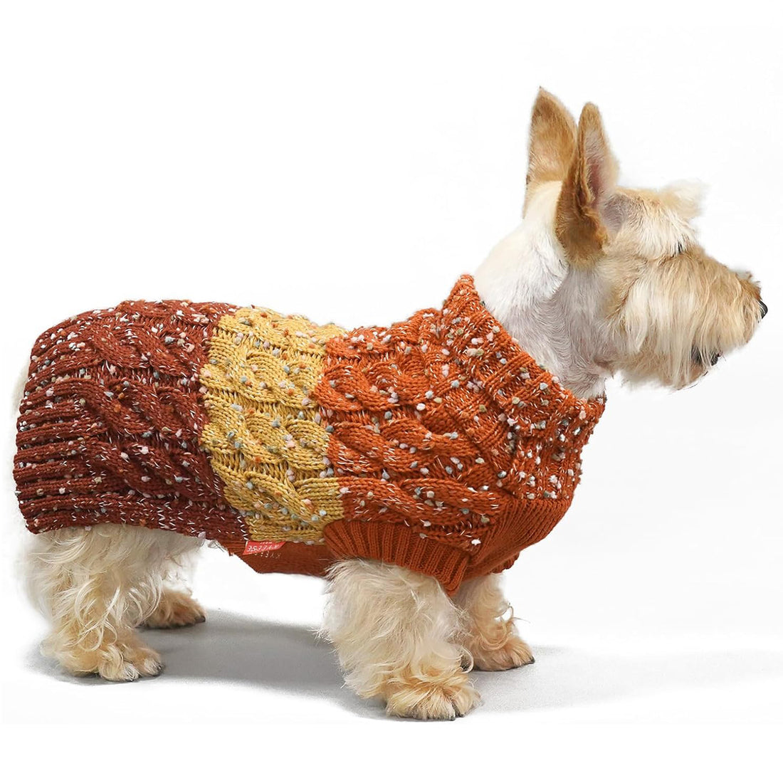Orange and tan speckled fuzzy dog sweater, chunky knit, turtleneck